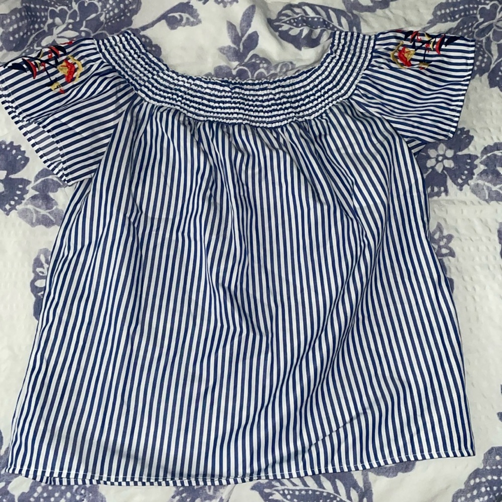 Size small off the shoulder blouse white and blue striped red embroidered.